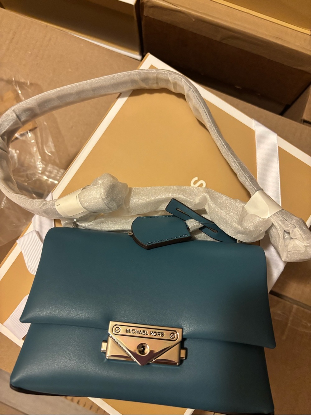 Michael Kors Cece Teal Leather Shoulder Bag with Gold-Tone Lock